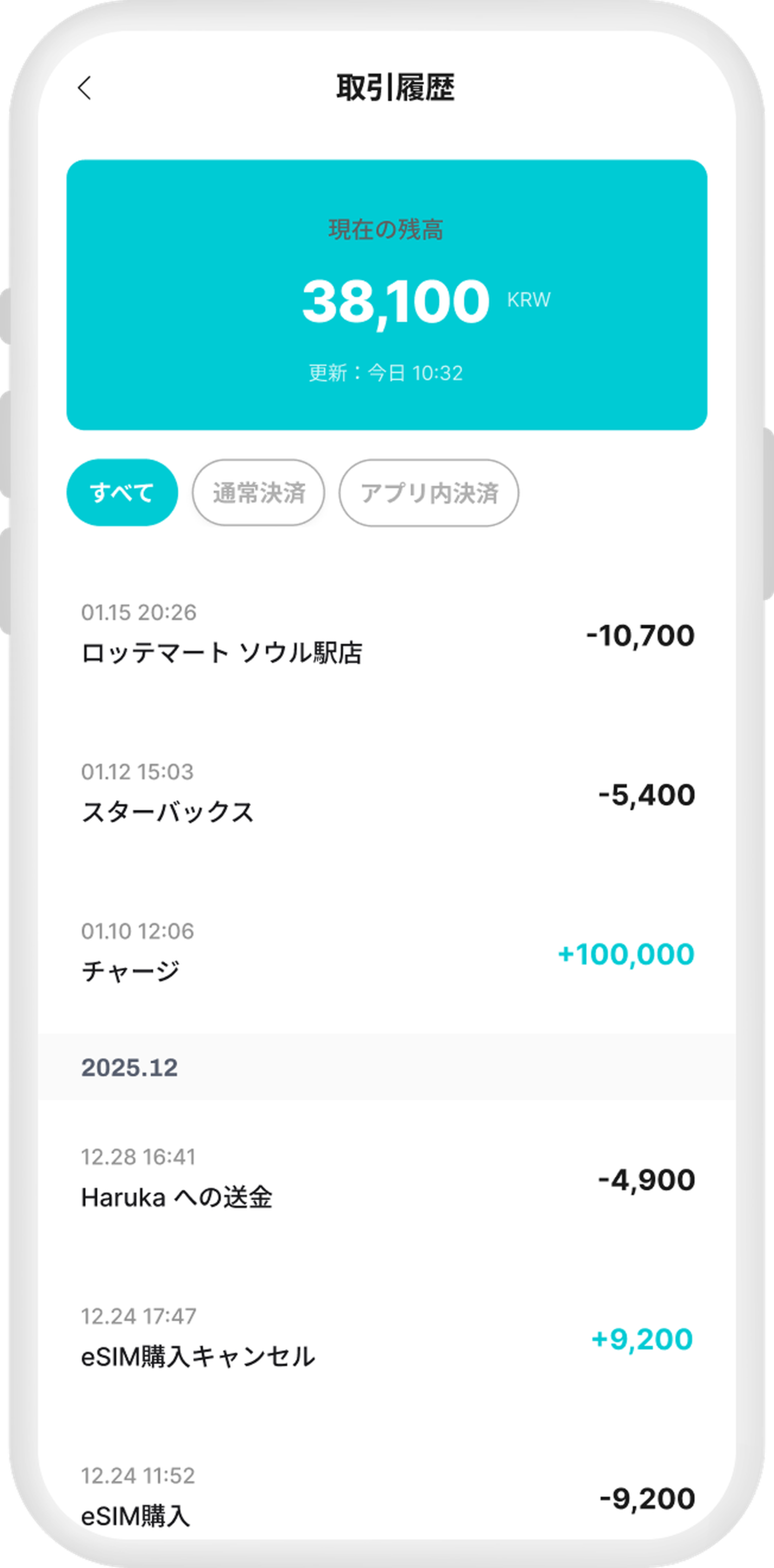 使った金額を円換算で見られる利用履歴画面