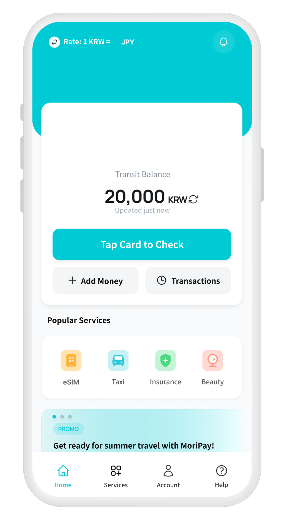 Transit balance screen — no separate T-money card needed